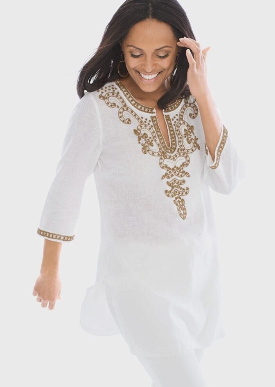 Chico's Cream Linen Top with Beaded V-Neckline size 12